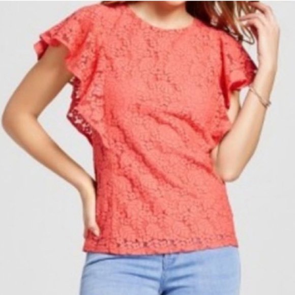 Merona Tops - *3/$30* Merona Coral Lace Flutter Sleeve Top